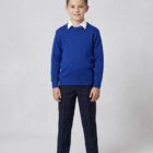 Zip fly primary school trousers paired with royal blue round neck school uniform jumper by Hunter Schoolwear