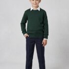 Zip fly primary school trousers paired with bottle green round neck school uniform jumper by Hunter Schoolwear