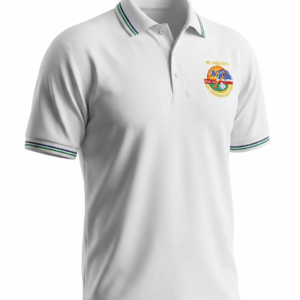 Front view of St Aidan’s Comprehensive white school polo shirt