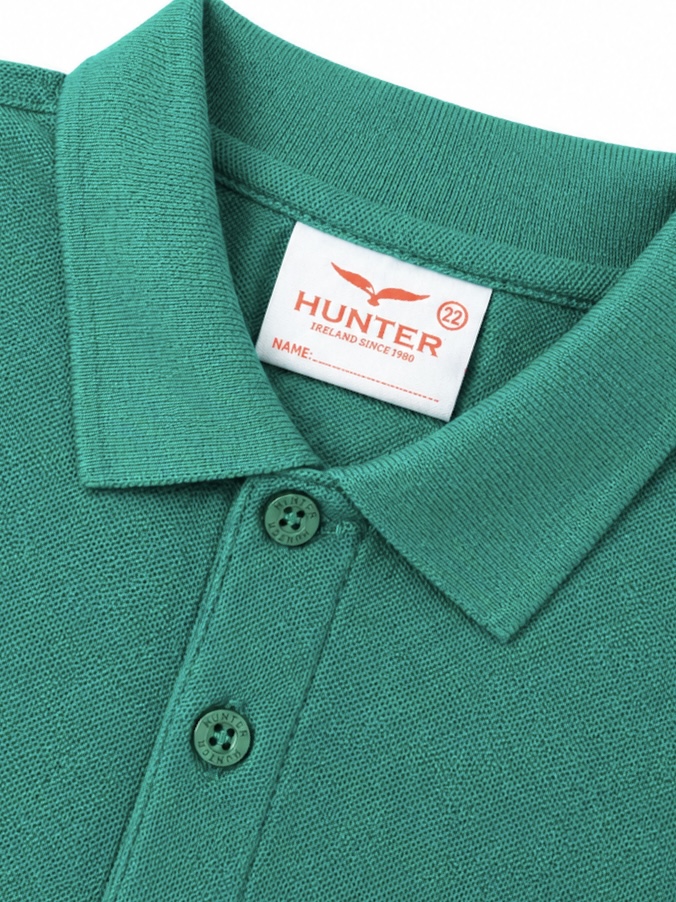 Collar detail of Emerald green Polo shirt by Hunter Schoolwear
