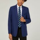 Royal blue Boys stain resistant school blazer front view with classic three pocket desigN