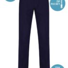 Senior boys slim leg school trousers in navy – flat front, tailored fit, durable and stain-resistant fabric by Trutex