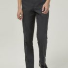 Senior boys slim leg school trousers in grey – flat front, tailored fit, durable and stain-resistant fabric by Trutex