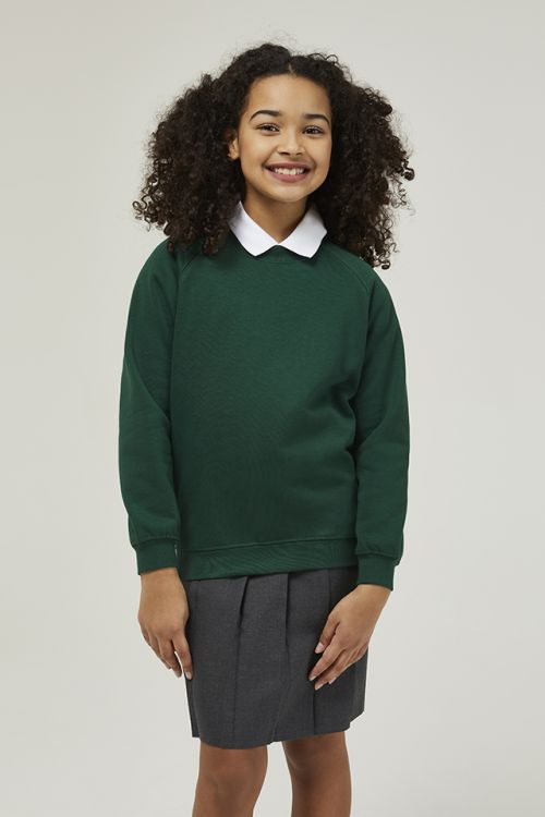 Bottle green crew neck school sweatshirt by Trutex - durable low pill fabric