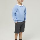Trutex sky blue crew neck school sweatshirt shown front view with classic fit and soft brushed interior