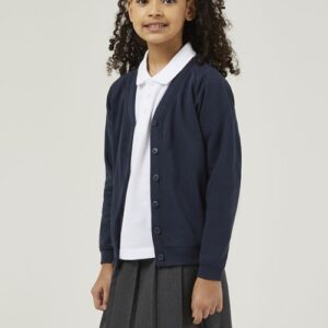 Navy School Cardigan made from sweatshirt fabric, a great choice for allergy and skin conditions