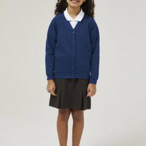 Kids royal blue school Cardigan by Trutex with front pockets and ribbed cuffs, durable uniform essential