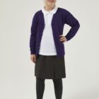 Purple School Cardigan made from sweatshirt fabric, a great choice for allergy and skin conditions