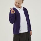 Purple School Cardigan made from sweatshirt fabric, a great choice for allergy and skin conditions