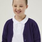 Purple School Cardigan made from sweatshirt fabric, a great choice for allergy and skin conditions