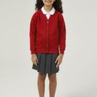 Scarlet Red School Cardigan made from sweatshirt fabric, a great choice for allergy and skin conditions