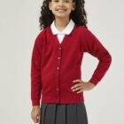 Scarlet Red School Cardigan made from sweatshirt fabric, a great choice for allergy and skin conditions