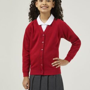 Scarlet Red School Cardigan made from sweatshirt fabric, a great choice for allergy and skin conditions