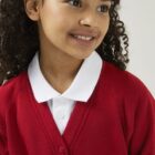 Close up of Trutex scarlet Red school sweat cardigan showing buttons, stitching and quality materials