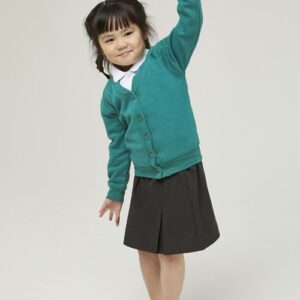 Jade School Cardigan made from sweatshirt fabric, a great choice for allergy and skin conditions
