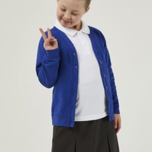 Cobalt Blue School Cardigan made from sweatshirt fabric, a great choice for allergy and skin conditions