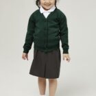 Forest Green School Cardigan made from sweatshirt fabric, a great choice for allergy and skin conditions