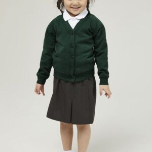 Forest Green School Cardigan made from sweatshirt fabric, a great choice for allergy and skin conditions