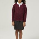 Maroon School Cardigan made from sweatshirt fabric, a great choice for allergy and skin conditions