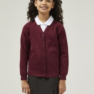 Maroon School Cardigan made from sweatshirt fabric, a great choice for allergy and skin conditions