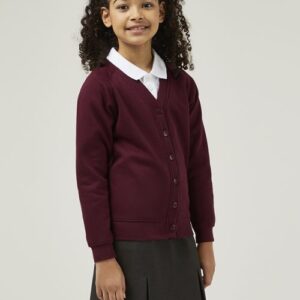 Close up of Trutex Claret school sweat cardigan showing buttons, stitching and quality materials