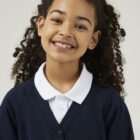 Close-up of Trutex sweat cardigan in ink blue highlighting button fastening, ribbed hem, and durable stitching