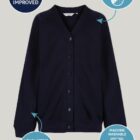 Ink blue Trutex sweat cardigan laid flat, showing classic design, front buttons, and neat ribbed detailing