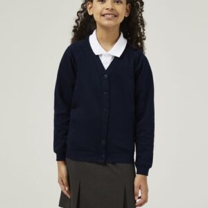 Children’s Trutex ink blue sweat cardigan worn as part of a school uniform, with long sleeves and a comfortable fit.