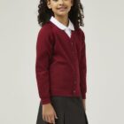 Children’s Trutex wine sweat cardigan worn as part of a school uniform, with long sleeves and a comfortable fit.