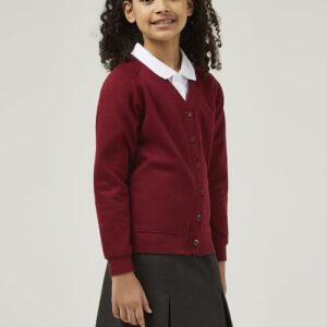 Children’s Trutex wine sweat cardigan worn as part of a school uniform, with long sleeves and a comfortable fit.