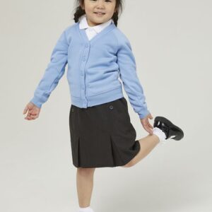 Children’s Trutex sky blue sweat cardigan worn as part of a school uniform, with long sleeves and a comfortable fit.