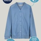 Sky blue Trutex sweat cardigan laid flat, showing classic design, front buttons, and neat ribbed detailing