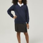 Navy Trutex school sweatshirt worn with shirt smart V-neck school uniform looK