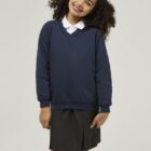 Navy Trutex V-neck school jumper with soft fabric ribbed cuffs detail