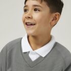 Marl Grey Trutex V-neck school jumper close up soft fabric ribbed cuffs detail