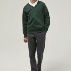Bottle Green Trutex school sweatshirt worn with polo shirt smart V-neck school uniform looK
