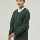 Bottle Green school sweatshirt worn with polo shirt smart V-neck school uniform looK