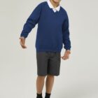 Royal blue Trutex school sweatshirt worn with polo shirt smart V-neck school uniform looK