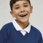 Royal Blue Trutex V-neck school jumper close up soft fabric ribbed cuffs detail