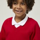 Scarlet Red Trutex V-neck school jumper close up soft fabric ribbed cuffs detail