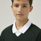 Forest Green Trutex V-neck school jumper close up soft fabric ribbed cuffs detail