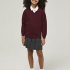 Maroon V-Neck school sweatshirt worn with polo shirt smart V-neck school uniform looK