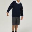 Ink Blue Trutex V-neck school jumper close up soft fabric ribbed cuffs detail