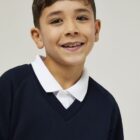 Ink Blue Trutex V-neck school jumper close up soft fabric ribbed cuffs detail