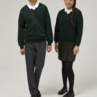 Forest Green Trutex V-neck school jumper close up soft fabric ribbed cuffs detail