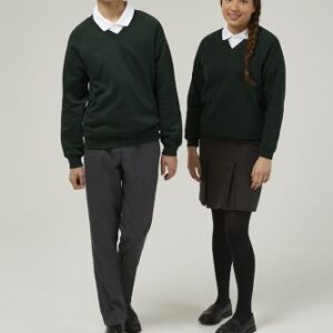 Forest Green Trutex V-neck school jumper close up soft fabric ribbed cuffs detail