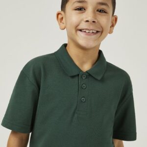 Close up of Trutex bottle green school polo shirt fabric texture highlighting durable low pill material