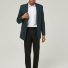 Green Boys stain resistant school blazer front view with classic three pocket desigN