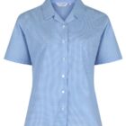Girls short sleeve checked school blouse with revere collar front view