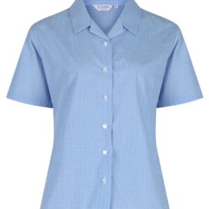 Girls short sleeve checked school blouse with revere collar front view